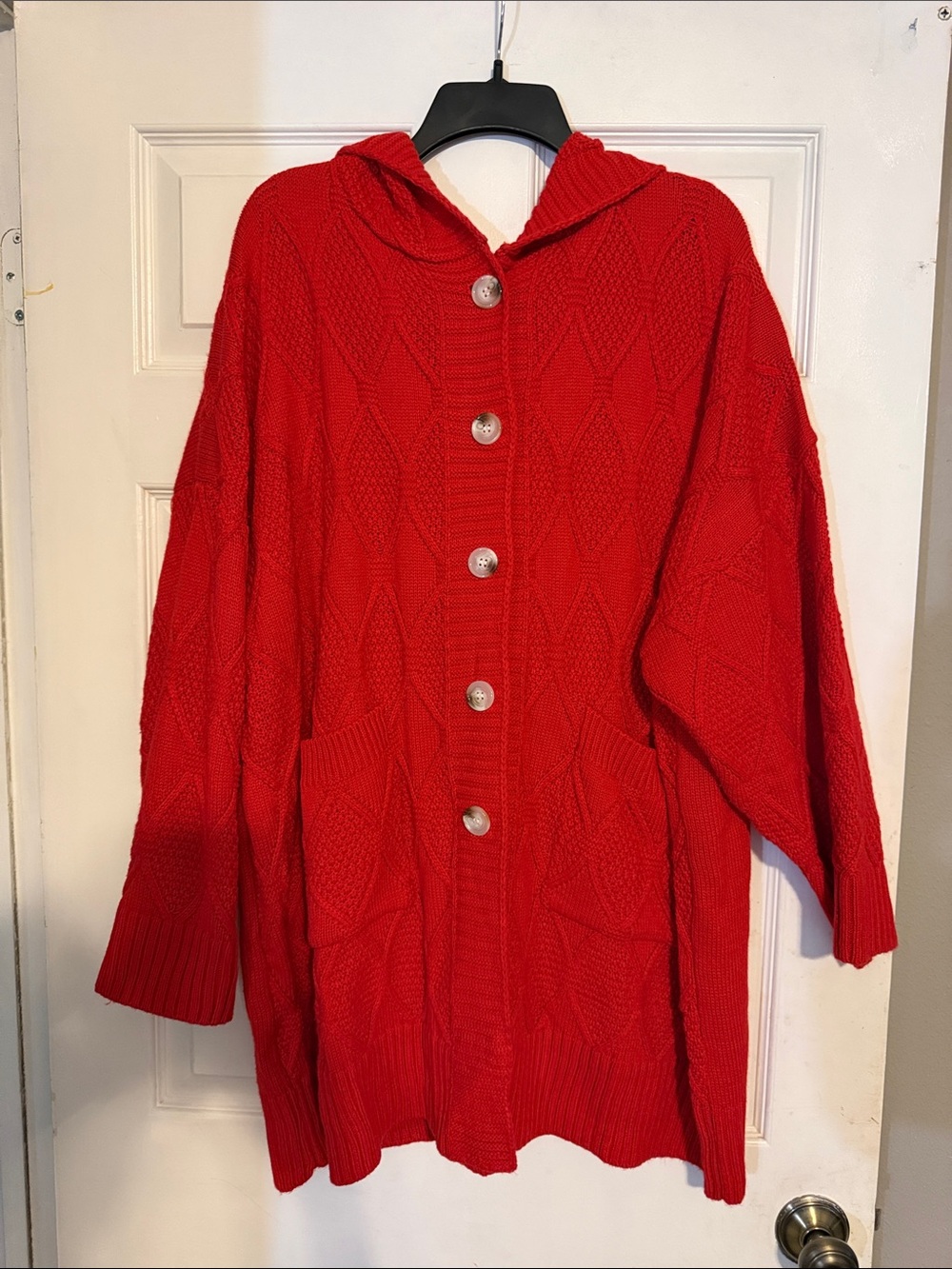 Red Hooded Button-Front Women's Sweater